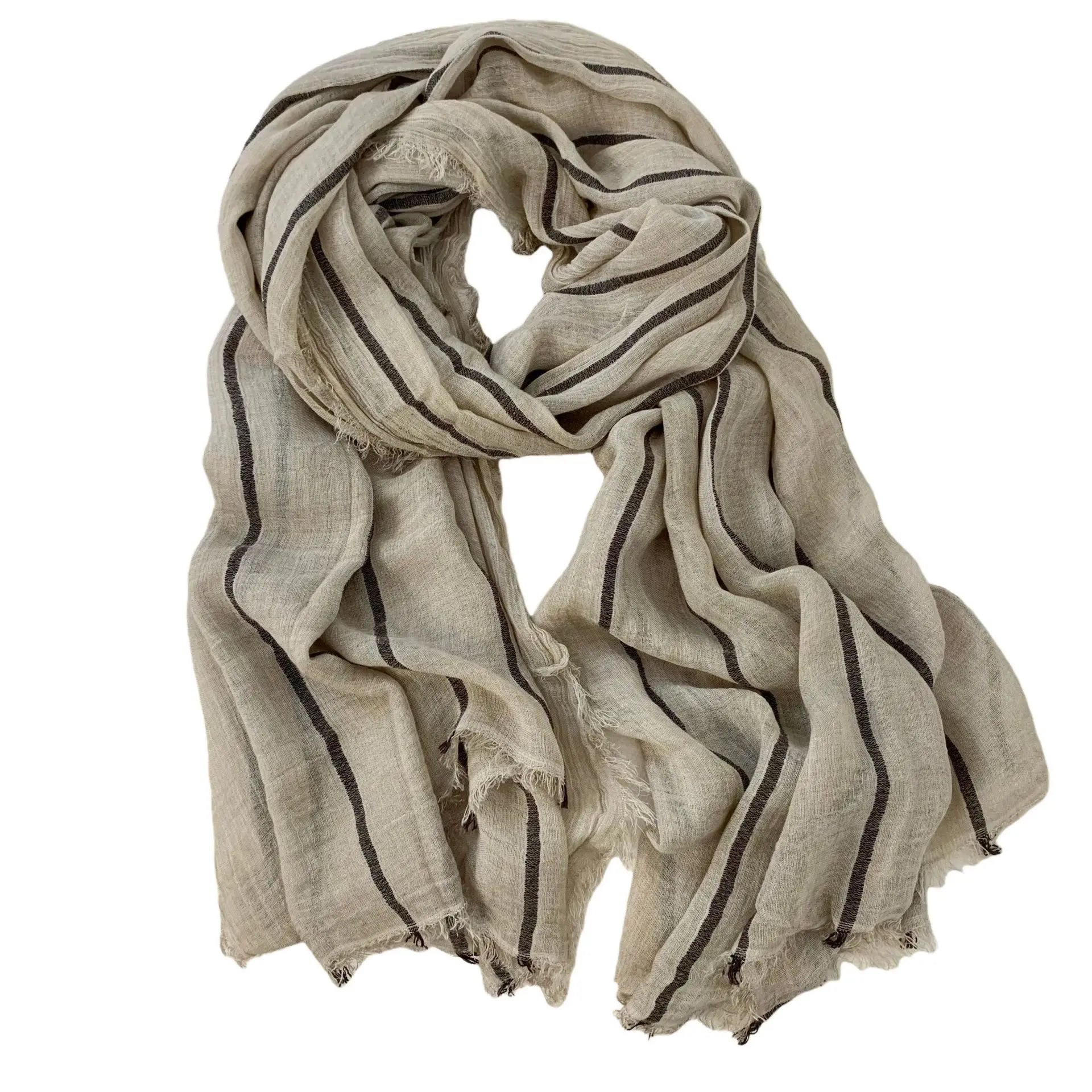 Cotton Linen Striped Scarf – Oversized 200cm, Neutral Tones