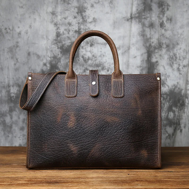 Men's Crazy Horse Leather Briefcase – Satchel Style, Embroidery Detail, 15" Laptop