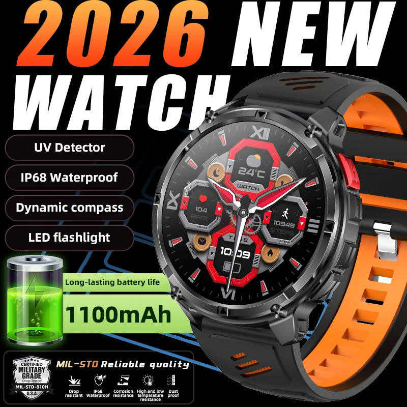 LIGE Military Smart Watch – 1100mAh, LED Flashlight, Compass, Bluetooth Calling, IP68