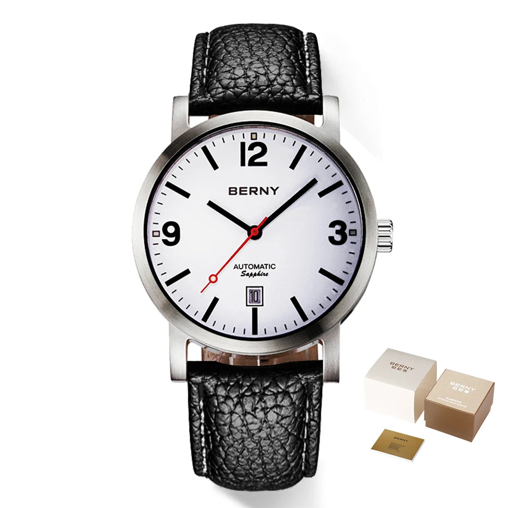 BERNY AM038M Automatic Watch – Seagull ST1612, Sapphire Crystal, Leather Strap, 50m Water Resistant