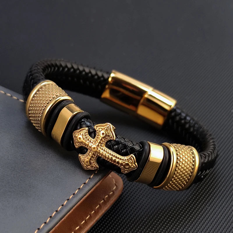MingAo 2025 Fashion Vacuum Plating Gold Single Layer Cross Leather Bracelet  Charm Bracelet Men's Hand Jewelry for Women