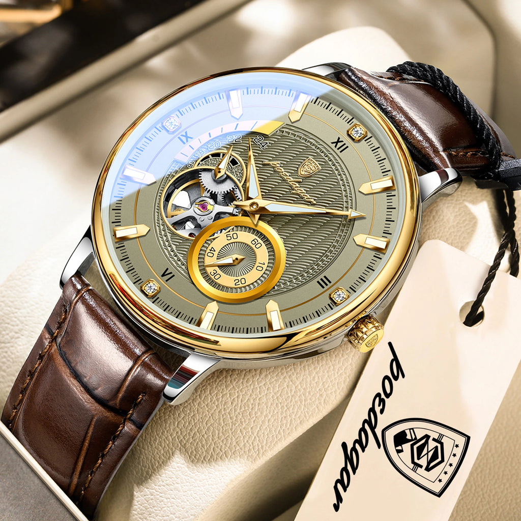POEDAGAR Business Men Watch Waterproof Luminous Hollow Tourbillon Leather Male Clock Fashion Automatic Mechanical Men's Watches