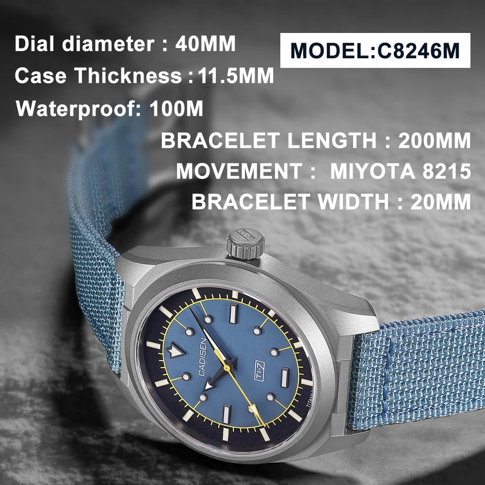 Cadisen C8246 Automatic Watch – Miyota 8215, Sapphire Crystal, NATO Strap, 100m Water Resistant