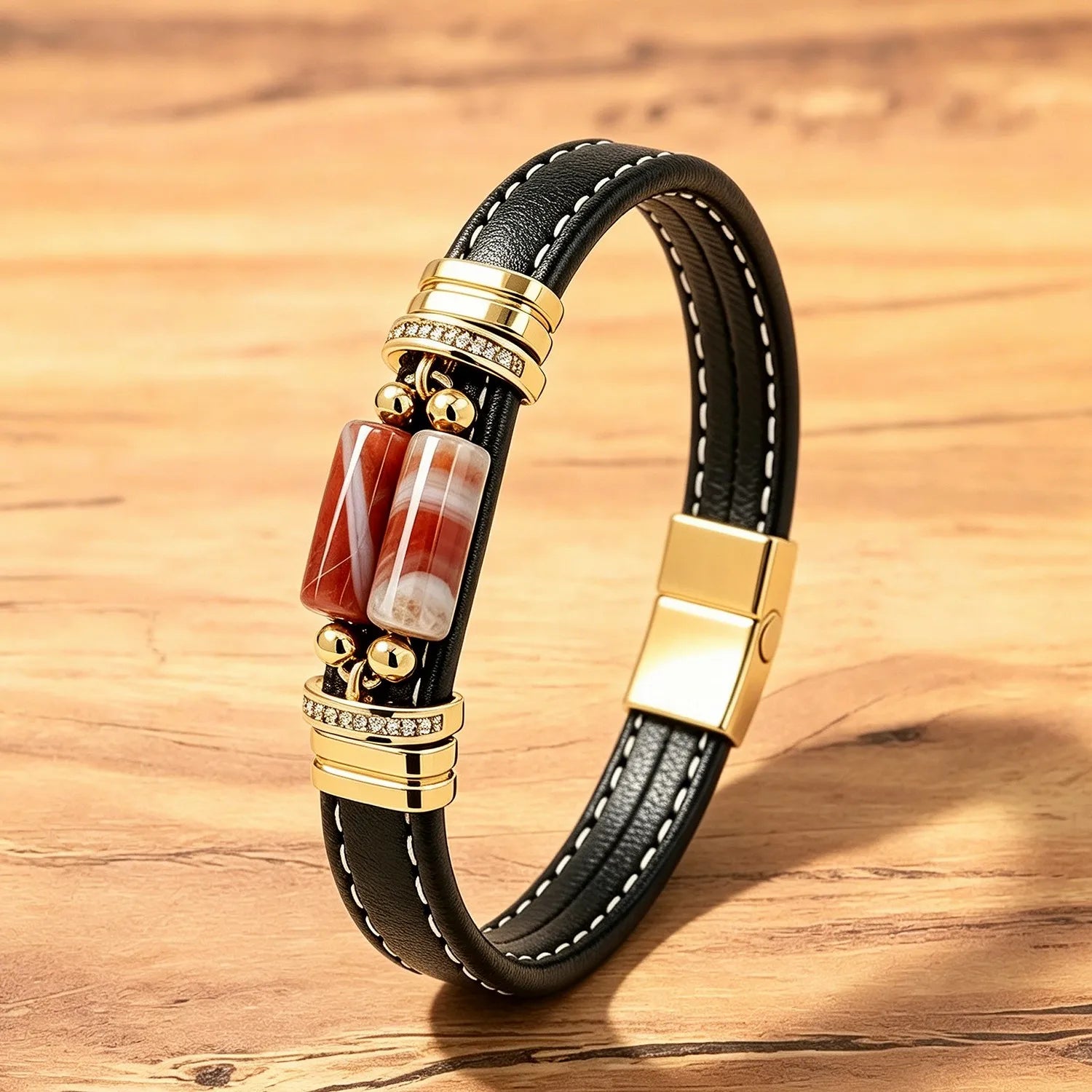 Luxury Tiger's Eye Bracelet for Men, Multilayer Black Leather Wristband with Paved CZ Magnetic Buckle, Business Casual Jewelry