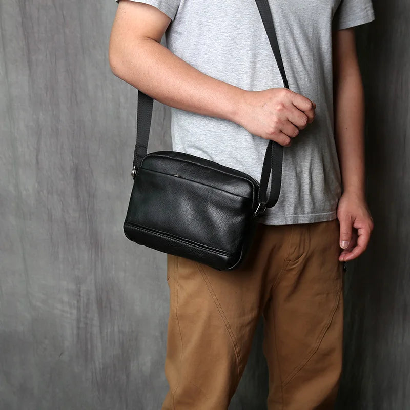 Men's Genuine Leather Mini Shoulder Bag – Compact Cowhide Messenger, 8" iPad, Horizontal