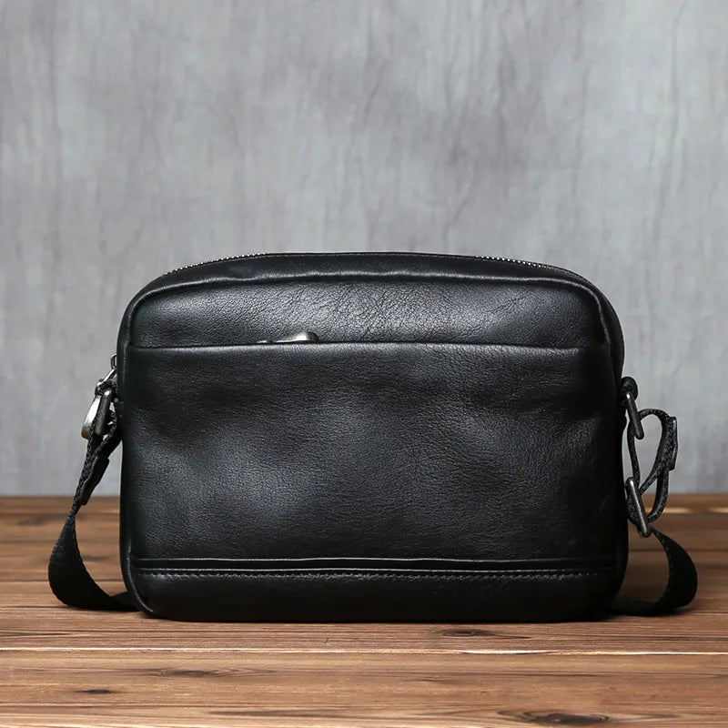 Men's Genuine Leather Mini Shoulder Bag – Compact Cowhide Messenger, 8" iPad, Horizontal