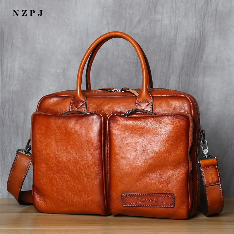 Men's Genuine Leather Briefcase – Retro Cowhide, Back 12" Tablet Pocket, 14" Laptop