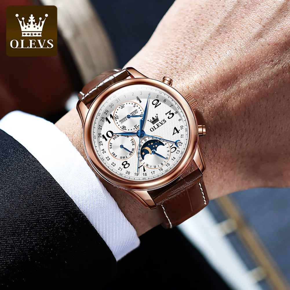 OLEVS Original Automatic Mechanical Watch for Men Leather Strap Moon Phase Waterproof  Week Calendar Business Men's Wristwatches
