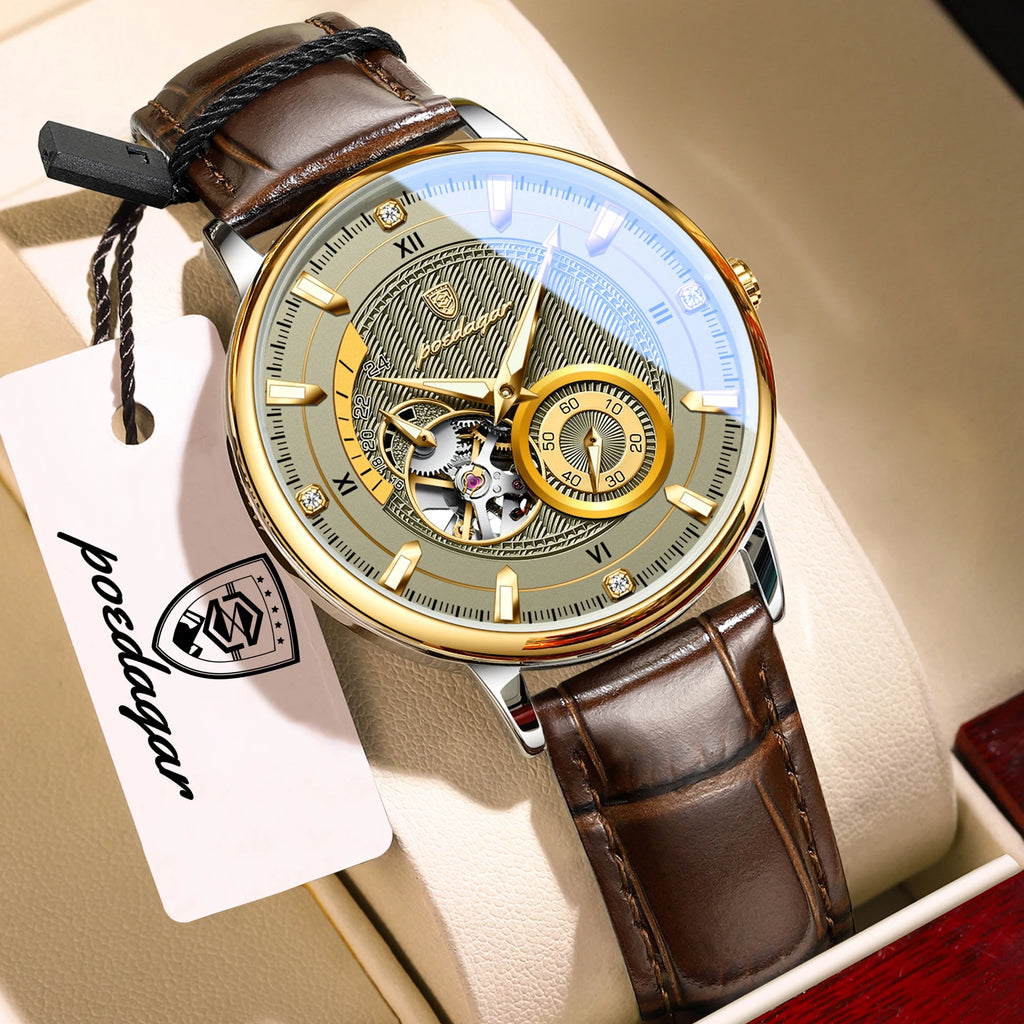 POEDAGAR Business Men Watch Waterproof Luminous Hollow Tourbillon Leather Male Clock Fashion Automatic Mechanical Men's Watches