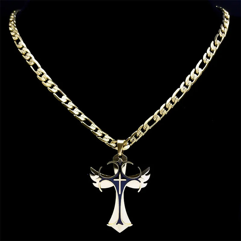 Multilayer Christian Cross Pendant Necklace for Men Hip Hop Stainless Steel Gold Color Crucifix Necklaces Male Jewelry Gifts