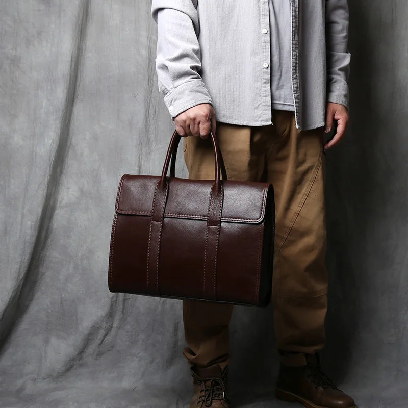 Men's Genuine Leather Briefcase – Magnetic Hasp Satchel, Trolley Sleeve, 14" Laptop