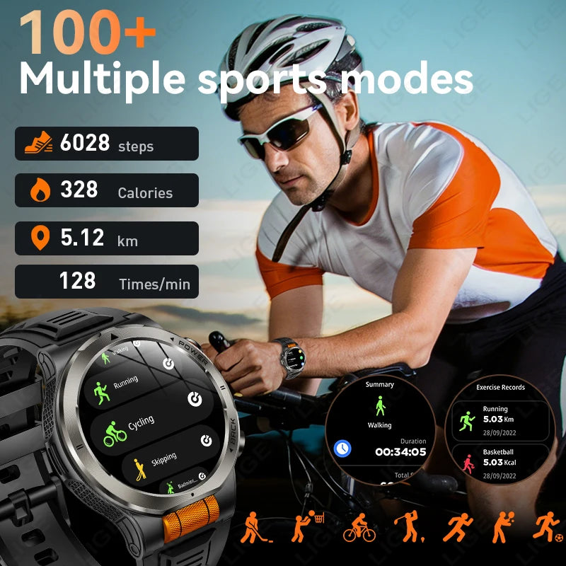 LIGE Smart Watch – 1.43" AMOLED, 1100mAh Battery, GPS, Compass, 3ATM