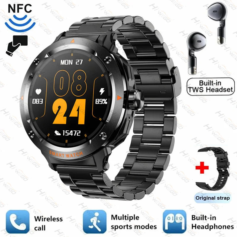 2-in-1 Smartwatch & Bluetooth Earbuds | NFC, GPS Tracking, Heart Rate & Music