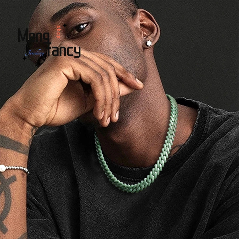 Jade Bean Green Blue Water Rhombus Cuban Chain Bracelet Necklace Jade Titanium Steel Hip - Hop Style Trendy Fashion Luxury Jewel