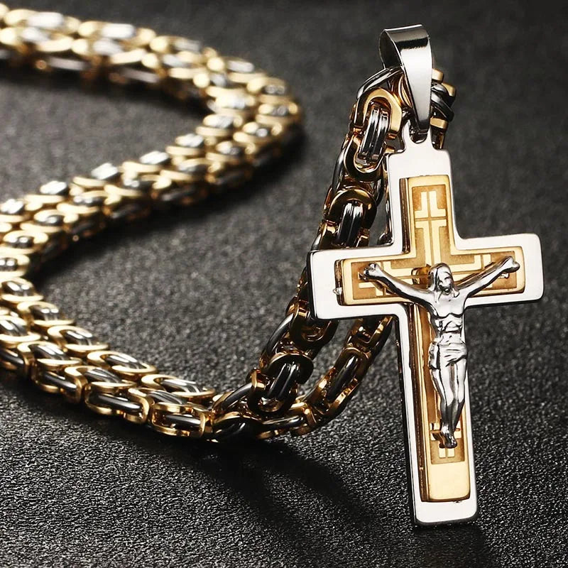 Stainless Steel Long Byzantine Chain Christian Crucifix Jesus Cross Pendants Necklaces for Men Necklace Religious Jewelry colar