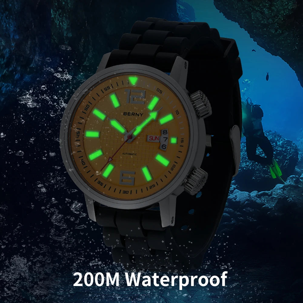 BERNY AM7081M Automatic Dive Watch – Miyota 8205, Sapphire Crystal & Caseback, 200m Water Resistant