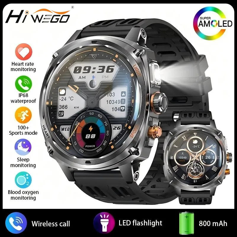 Hiwego Outdoor Smartwatch | 800mAh, 1.75" AMOLED, IP68, GPS & LED Flashlight