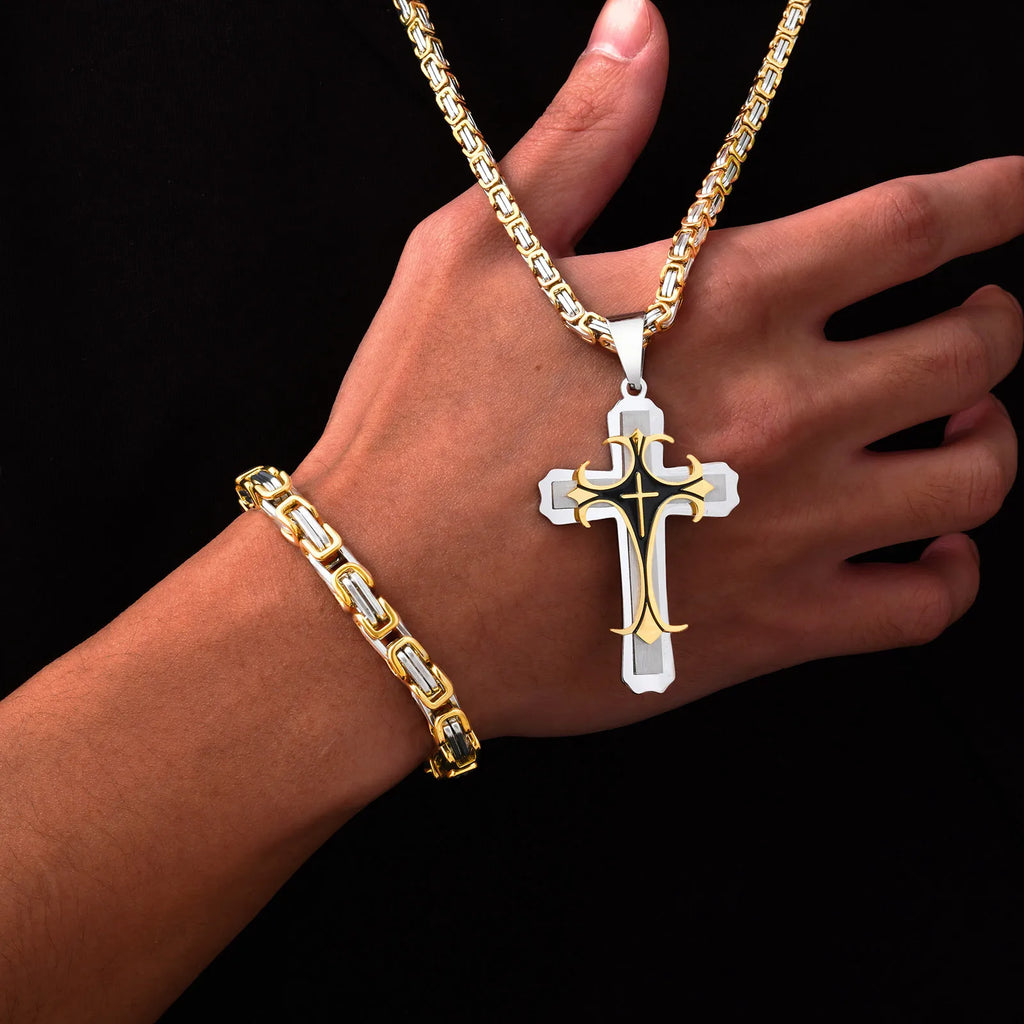 Mens Cross Pendant Necklace Sets,Two Tone Stainless Steel Byzantine Bracelets,Punk Jewelry Sets Gift to Husband Father Dad BBF