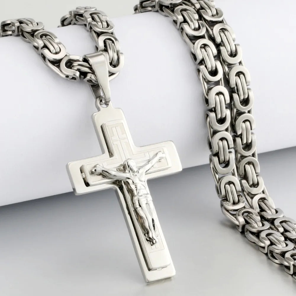 Diyalo Men's Stainless Steel Jesus Christ Holy Crucifix Cross Pendants Necklaces Orthodox Long Chain Necklaces Boys Jewelry