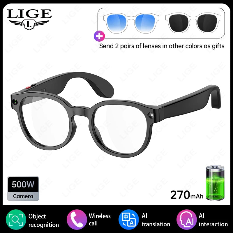 LIGE AI Smart Glasses – 1080P Camera, ChatGPT, AI Translation, 3 Lens Pairs, Fast Charge
