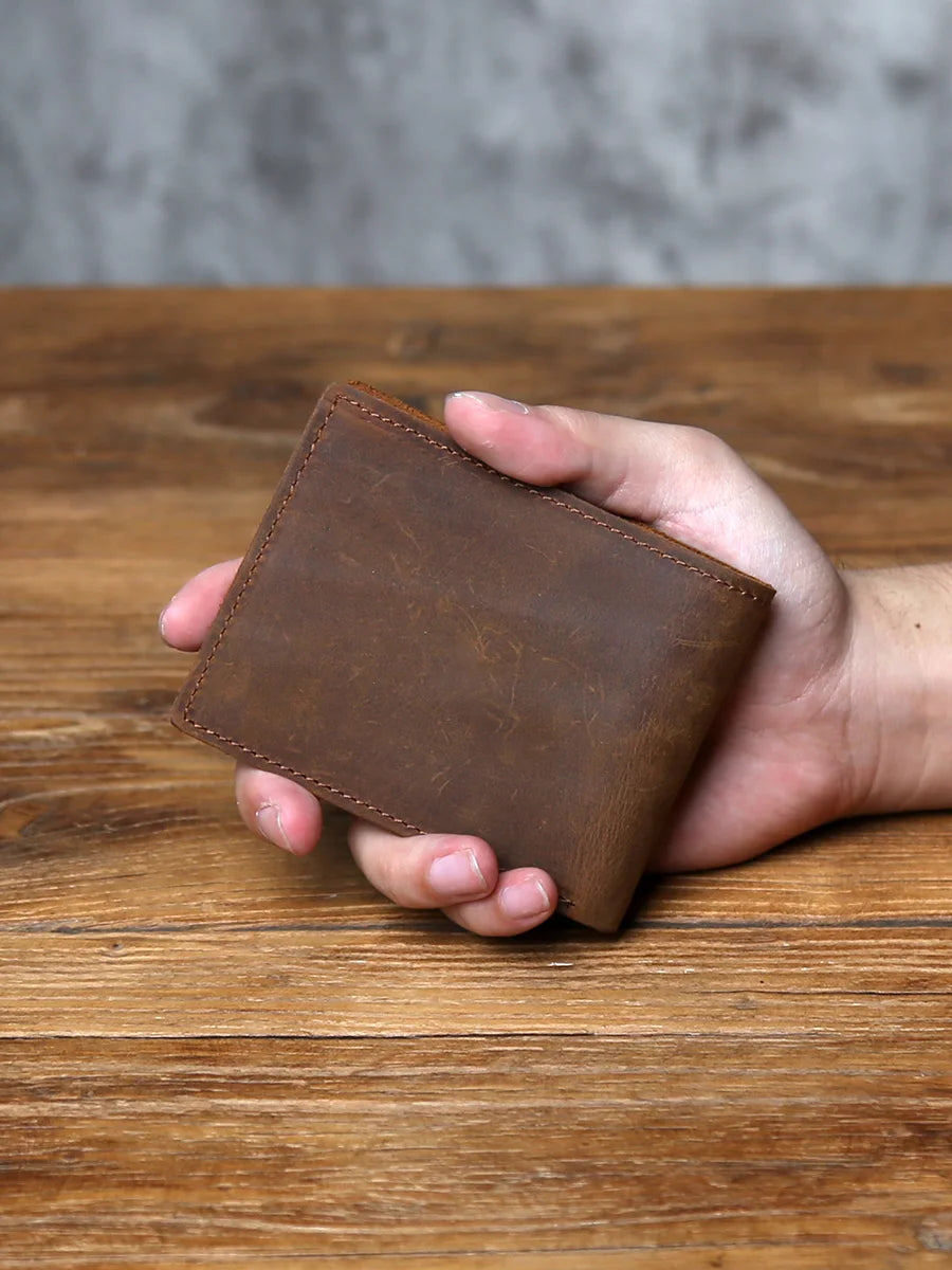 Men's Crazy Horse Leather Wallet – Slim Bifold, Top-Layer Cowhide, 6 Card Slots