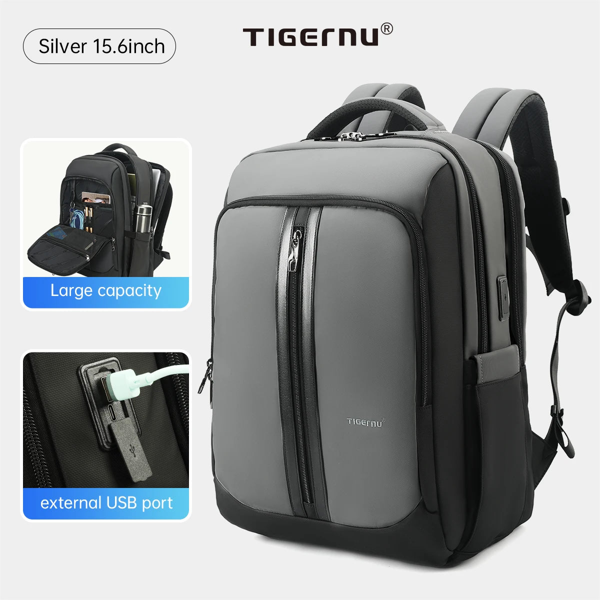 Tigernu Leather Composite Backpack – Two Sizes, USB Charging, Anti-Theft, Reflective Stripe