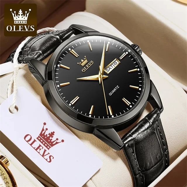 OLEVS  6898 Top Brand Quartz Watch for Men Leather Strap Waterproof Wristwatch Date Week Display Popular Casual Dress Men Watch