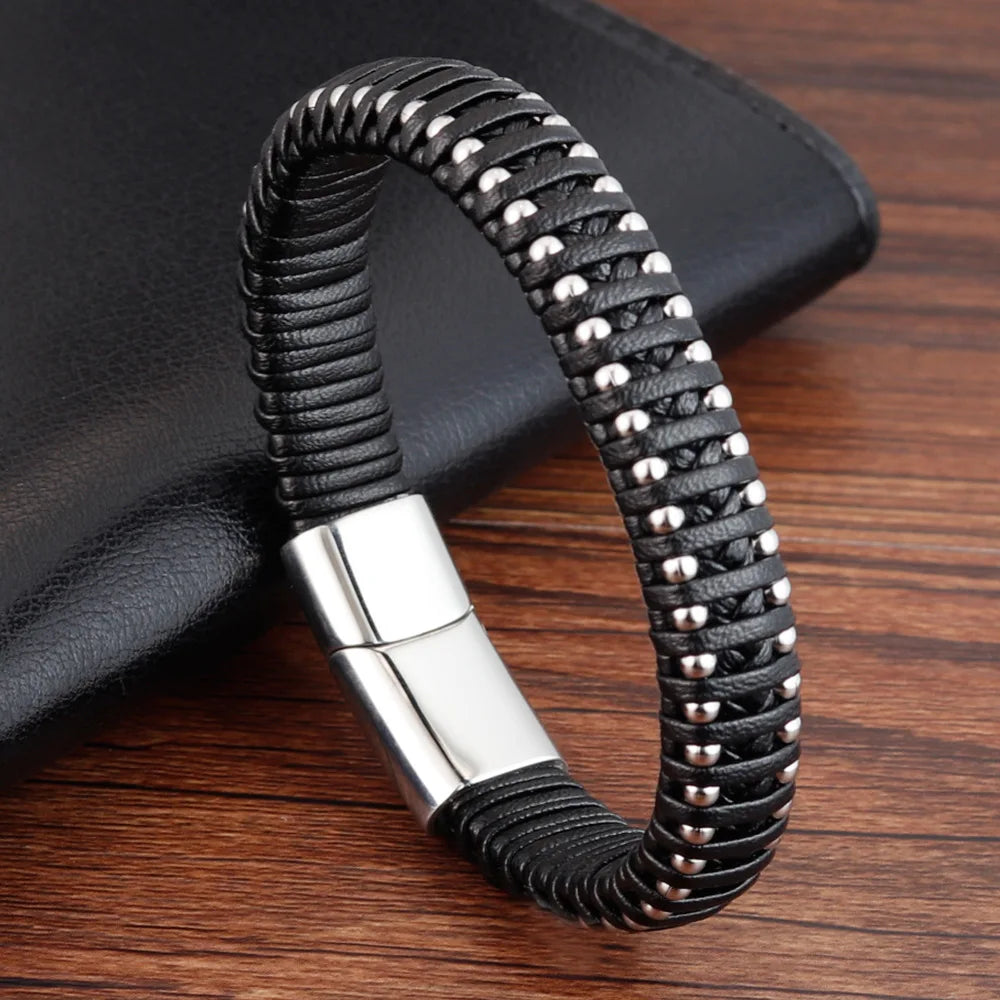 Men's Braided Leather Rope Bracelet – Punk Stainless Steel Bangle